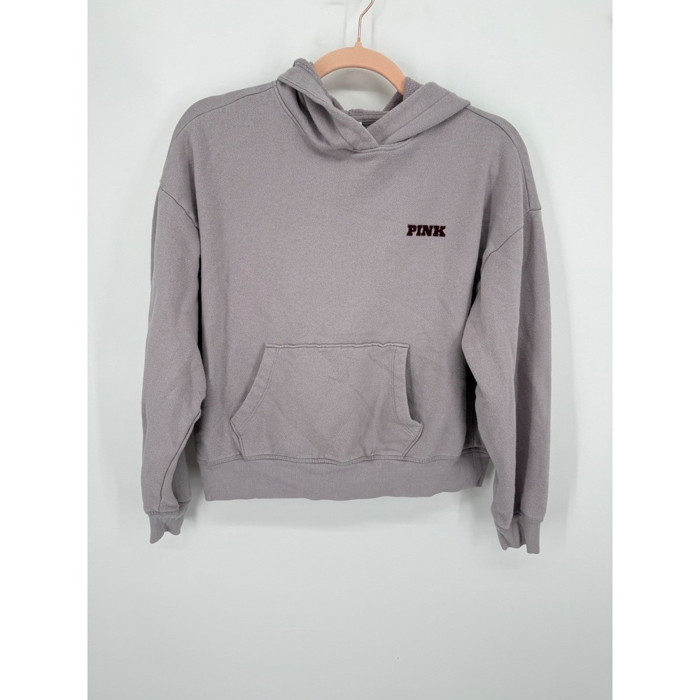 PINK Victoria's Secret Hoodie Women XS Gray Graphic Pullover Relaxed Fit - Picture 2 of 9